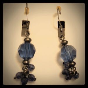 Blue glass bead drop earrings silver